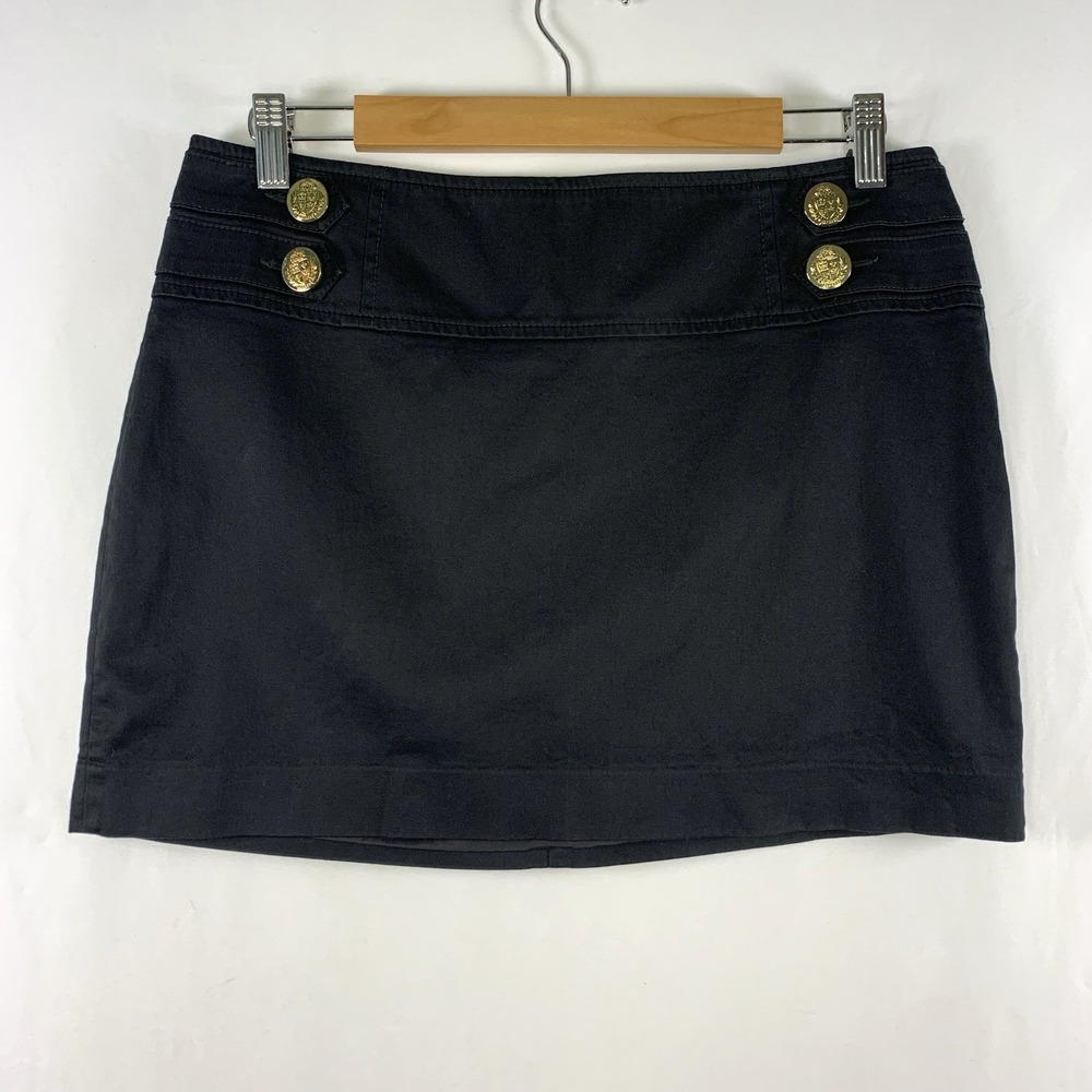 Womens Military Nautical Micro Mini Skirt Sz 8 Black Gold Crest Buttons Low Rise